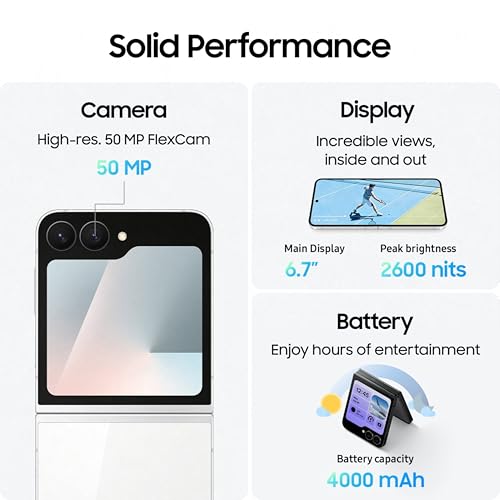 Image of Samsung Galaxy Z Flip7 FE 5G Smartphone with Galaxy AI (White, 8GB RAM, 256GB Storage), Ultra Sleek Compact Design, 50MP High-Resolution FlexCam, Long-Lasting 4000 mAh Battery, All-new One UI 8