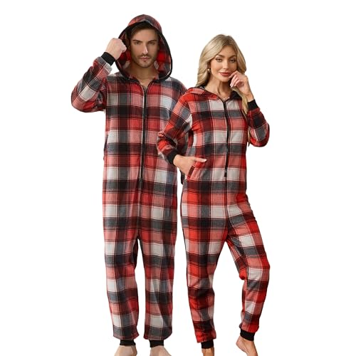 U2SKIIN Women Onesie Pajama Sets, Hooded Zipper Christmas Matching Plaid Pjs Set for Men and Women Soft Warm Jumpsuit(Grey Mel-Red Black Plaid, M)