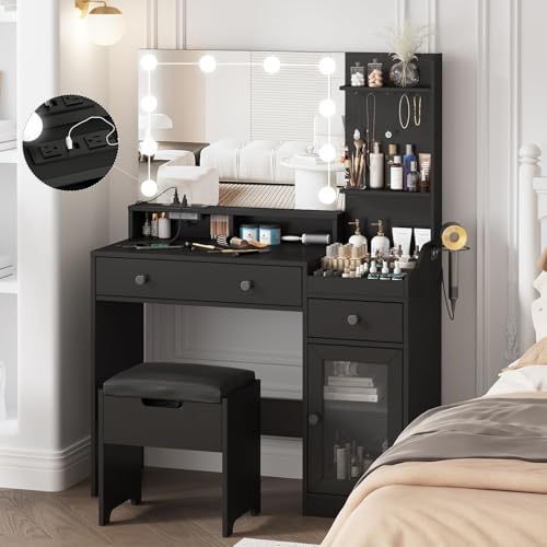 Vabches Vanity with Mirror Lights Storage and Charging