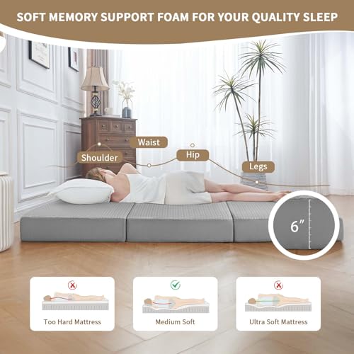 Image of CYMULA Folding Mattress Single Size,6 inch Tri-Fold Floor Mat for Naps,Grey