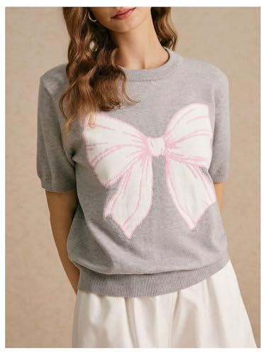 Image of BEAUDRM Women's Bow Short Sleeve Sweater Crewneck Knitted Pullover Cropped Tops Chunky Sweater Shirt Grey Small