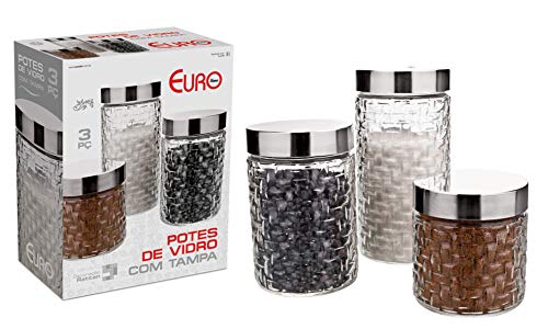 Conjunto de Potes de Vidro com Tampa Inox Rattan 3 Peças Euro Transparente