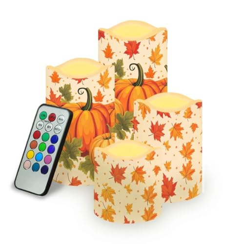 Image of Thanksgiving Day Color Changing Electric Candles | Pumpkin Flameless Candle Set with Remote Control, Battery Operated Fake Candles for Kitchen Room Home fall decor, 4 Pack