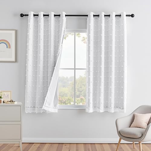 Image of MEETSKY 100% Blackout Curtains for Bedroom,50x63 Inch Pom Pom White Curtain