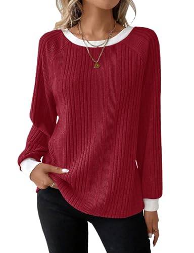 Image of Akiooue Red Tops for Women UK,Women's Long Sleeve Jumpers Fall Cozy Sweater