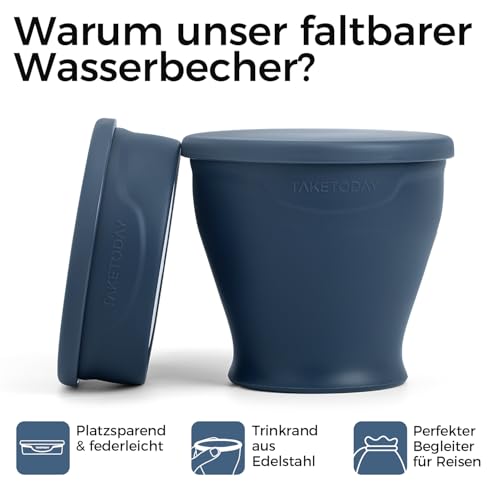 TakeToday Silikon Faltbare Becher 240 ml – Zusammenklappbarer Reisebecher, BPA-frei mit Kunststoff Deckel und wasserdichter Tasche – Trinkbecher-Set für Camping, Outdoor, Marine