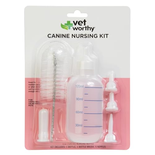 Vet Worthy 6-piece Canine Nursing Kit – 4oz Reusable Puppy Feeding Bottle with 4 Nipples and 1 Cleaning Brush – Newborn Puppy Bottles for Nursing Puppy Milk and Feeding – Suitable for Small Animals