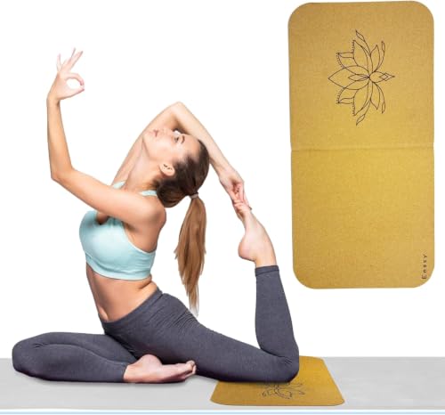 Enssy foldable cork knee pad in yellow, two-pack — proves the compact size that sets it apart from a full mat