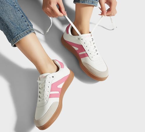 Image of LUCKY STEP Women Retro Gum Sole Fashion Sneakers | Genuine Leather Classic Tennis Skate Walking Shoes Anti Slip Trainers