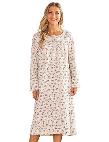 Bloggerlove Nightgown Womens Sleepshirt Soft Sleepwear Pleated Nightshirt Comfy Sleep Dress Long Sleeve Cotton Cotton Nightdress Full Length Ladies Sleepwear Gown For Mom White M #TOP28