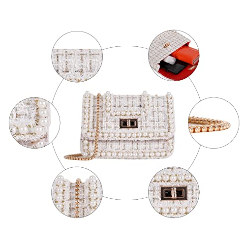 Aytotoro Women Tweed Pearl Purses And Handbags Ladies Fashion Top Handle Chain Quilted Satchel Shoulder Crossbody Tote Bag (White-2) #TOP5