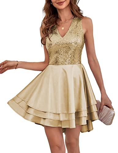 Lrady Women s Sequin Glitter V Neck Skater Mini Bridesmaid Cocktail Party Prom Dress, Champagne, Large
