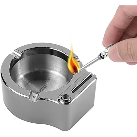 YUSUD Large Cigarette Ashtray with Permanent Match Lighter, Flint Fire Starter Ashtray, Fancy Metal Ash Tray Set for Weed, Cool Ashtrays for Cigars Outdoor Indoor Decor in Home Office Cover