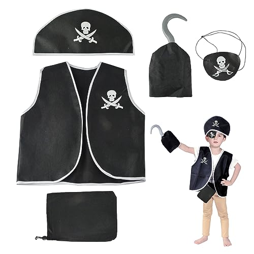 MIVAIUN 5 Piezas Niños Juego de Disfraz de Pirata Accesorios de Pirata Sombrero de Pirata Chaleco Bolsa de Dinero Parche Enl Ojo Gancho Disfraz Pirata para Halloween Fiesta Cosplay (5 Piezas)