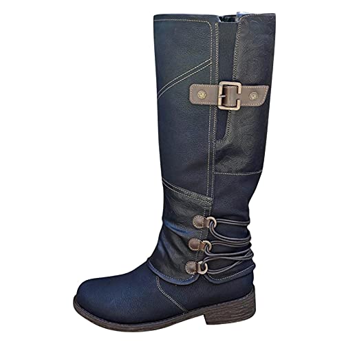 Hbeylia Boots For Women Vintage Fashion Casual Leather Round Tie Chunky Block Low Heels Motorcycle Riding Mid Calf Boots Retro Slip On Work Boots With Metal Buckle Winter Short Boots For Ladies