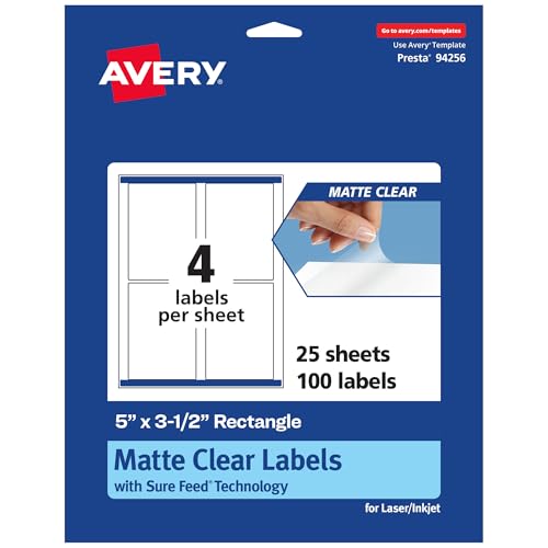 Avery Matte Clear Rectangle Labels, Sure Feed Technology, 5" x 3.5", 100 Matte Clear Labels, Laser/Inkjet Printable