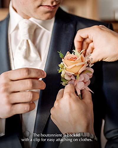 Ndeno Ivory Rose Wrist Corsage and Boutonniere Set Artificial Men Corsage Wristlet Band Bracelet for White Wedding Flowers Ceremony Accessories Prom Suit Decorations (2, Orange)