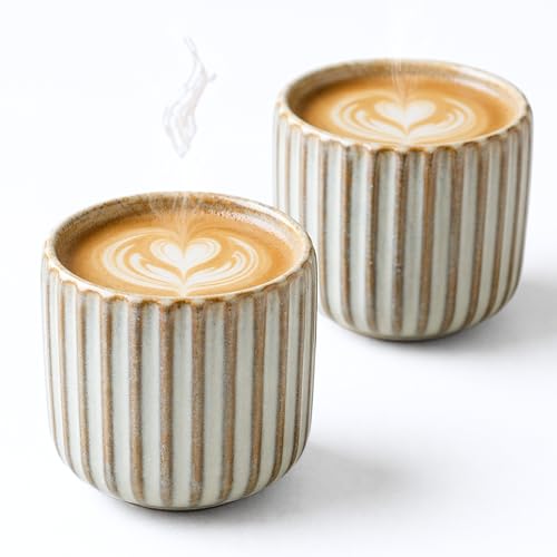 Erkundpresso.Kaffeebecher 2er Set 180ml Ohne Henkel Premium Barista Kaffeetasse aus Hochwertigem Steingut Dickwandiger Kaffeebecher - Entworfen für Latte Art - 100% Handfertigung (Fischbauch weiß)