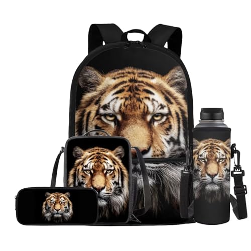 Teen's Backpack 4Pcs, Aesthetic Travel Daypack Set of 4 Include Lunch Box Pencil Case Cup Sleeve Large Capacity & Portable Daypack 4Pcs Tiger Design