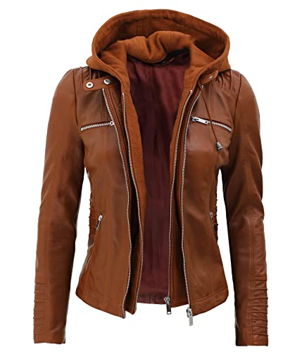 Decrum Womens Biker Leather Jacket With Hoodie - Real Lambskin Brown Leather Jacket Women | [1309205] Helen Brown, Xl #TOP1