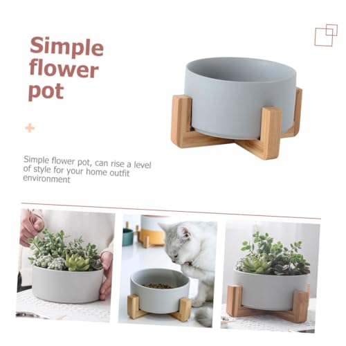 Cache-pot céramique mat gris avec support bois pour succulente - 7