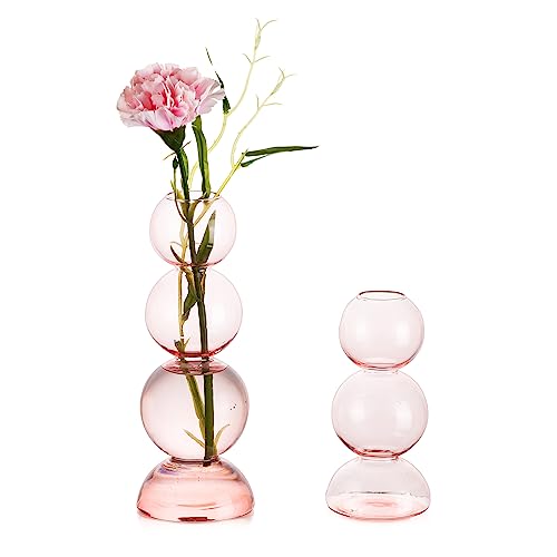 Hewory Pequeños jarrones para decoración de mesa: jarrón rosa de cristal con burbujas, jarrones modernos, jarrones decorativos estéticos, pequeños jarrones de mesa, mini jarrones de cristal, redondos