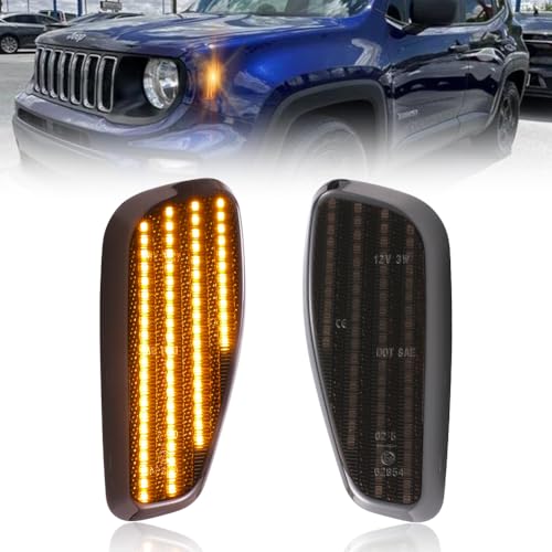 OFFKAT Front Fender LED Side Marker Lights for 2015 2016 2017 2018 2019 2020 2021 Je-ep Renegade, Renegade Smoked Lens Side Bumper Marker Lamps, Amber LED Side Markers Turn Signal Lights, 2 PCS