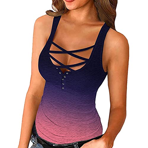 OutTop Tank Tops for Women Summer Sleeveless Cross Neck Sexy Shirts Ribbed Slim Fitted Button Down Tops Blouse (#01-Pink, M)