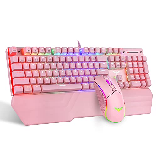 Havit Mechanical Keyboard and Mouse Combo RGB Gaming 104 Keys Blue Switches Wired USB Keyboards with Detachable Wrist Rest, Programmable Gaming Mouse for PC Gamer Computer Desktop (Pink)