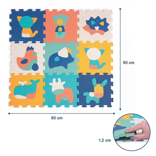 LUDI - Tapis Dalles Animaux - Puzzle Géant - 9 Dalles en Mousse - Dès 10 Mois - Éveil Bébé - Développe Le Bien-Être, Le Toucher, La Découverte & La Réflexion - 90 x 90 x 1,2 cm – vue 2