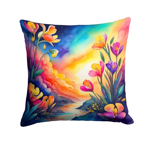 Caroline's Treasures DAC1958PW1414 Colorful Freesia Fabric Decorative Pillow Machine Washable, Indoor Outdoor Decorative Pillow for Couch, Bed or Patio, 14Hx14W