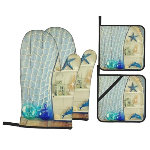 Manoplas para Horno Y Agarraderas Estantes con Forma De Barco Náutico Y Objetos De Estilo Náutico Juego De 4 Antideslizantes Guantes Cocina Horno Guantes Barbacoa para Barbacoa Microonda