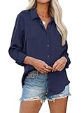 siliteelon Womens Button Down Shirts Solid Dress Shirts Long Sleeve Flowy Collared Work Office Business Blouses Chiffon Tops - Navy Blue S