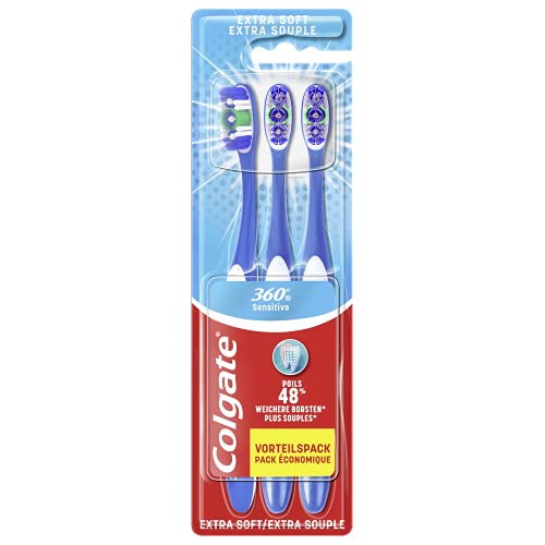 COLGATE - Cepillo de dientes Colgate 360 Sensitive - Extra flexible - Mango con 25% de plástico reciclado, juego de 3