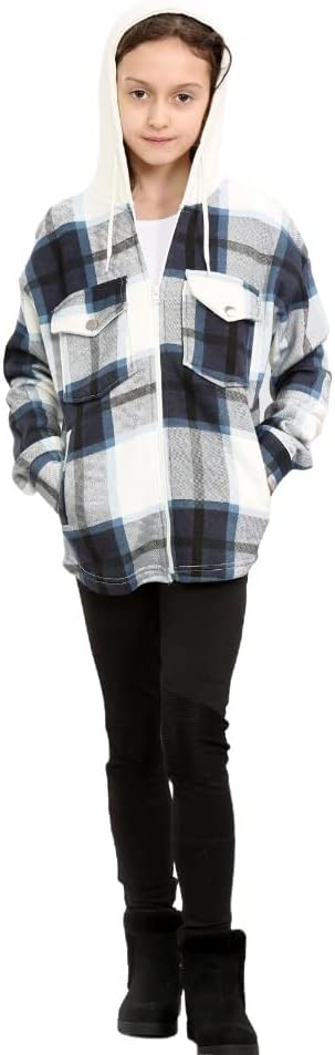 Kids Girls Oversized Hooded Fleece Check Shacket Casual Winter Shirt