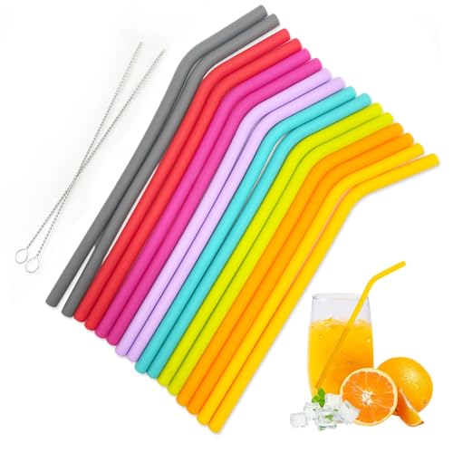 TSHAOUN 16 Pièces Pailles en Silicone Réutilisable, Adulte Enfants Coloré Courbées Pour Boissons Froides, Sûr et Écologique Avec 2 Brosses de Nettoyage