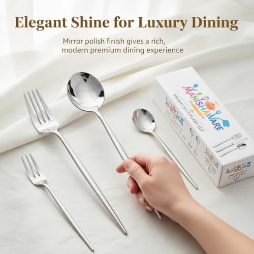 Image of Classic Silver 24 Pcs Stainless Steel Cutlery Set for Dining Table, Dishwasher Safe Glossy Flatware (Perfect Spoon Fork Set)