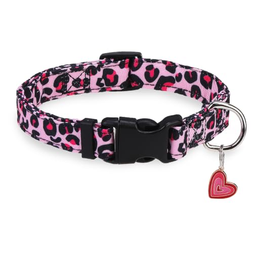 PUPTECK Pink Leopard Print Dog Collar with Heart Pendant, Puppy Collar Girl