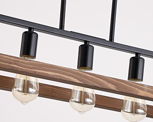 Fivess Lighting 5-Light Rustic Wood Kitchen Island Lighting,Oak Wood And Metal Linear Chandelier,Retro Industrial Pendant Light Fixture For Kitchen Island Dining Room Farmhouse,Black #TOP4