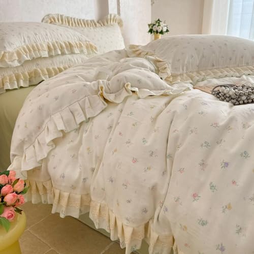 BuLuTu Cottage Ruffled Duvet Cover Girls Floral Bedding Full Size Comforter Cover with Lace Edges, French Country Bedding Set Soft Cotton Muslin Quilt Cover with Zipper Closure,4 Ties by BuLuTu - Used condition - Image 2