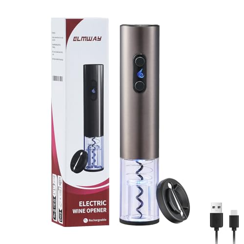 ELMWAY VinoLux Series Rechargeable Electric Wine Opener Electric Corkscrew with Dual LED Lights Brushed Stainless Steel Body & Foil Cutter Black