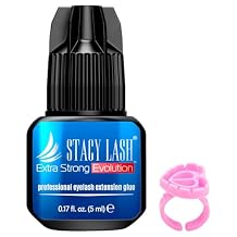 STACY LASH Extra Strong Evolution Eyelash Extension Glue 0.17fl.oz / 5ml / 0.5-1 Sec Dry/Retention 8 Weeks/Black Adhesive/Lash Tech Supplies + Glue Ring