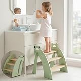 Tritthocker für Kinder Holz, 3 Stufen Kinderschemel, Trittschemel für Baby, Faltbar, Multifunktional, für Bad, Kleinkinderzimmer, Küche, Grün