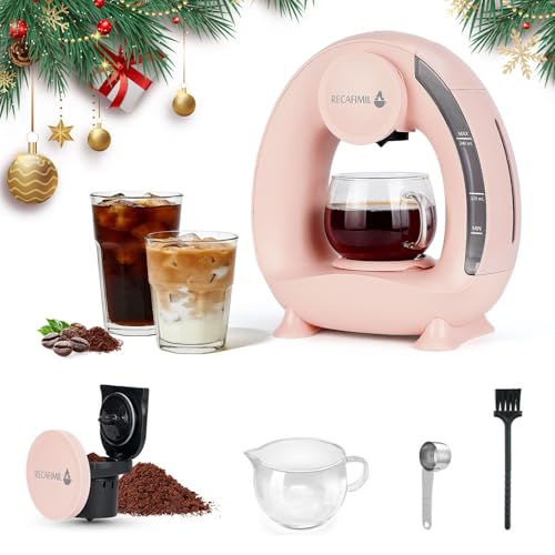 RECAFIMIL Mini-Einzelportionskaffeemaschine für gemahlenen Kaffee, Schnellbrüh-Einzeltassen-Kaffeemaschine mit 240 ml abnehmbarem Wasserbehälter, Americano-Kaffeemaschine (Rosa)