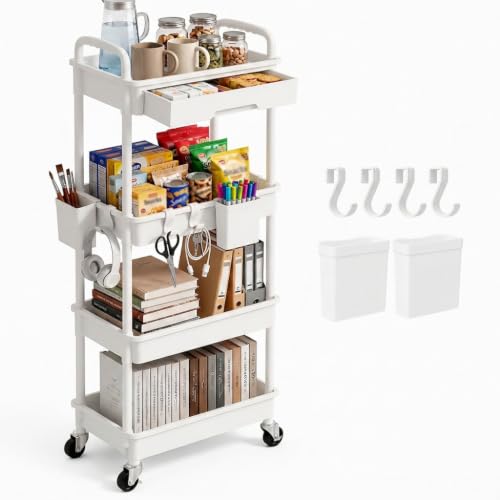 LLMRR 4 Tier Rolling Storage Cart with Drawer, Utility Carts with Wheels