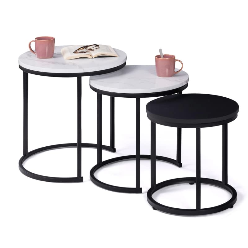 IDMarket Alaska - Juego de 3 mesas bajas (redondas, 35/40/45, efecto mármol y negro, patas metálicas)
