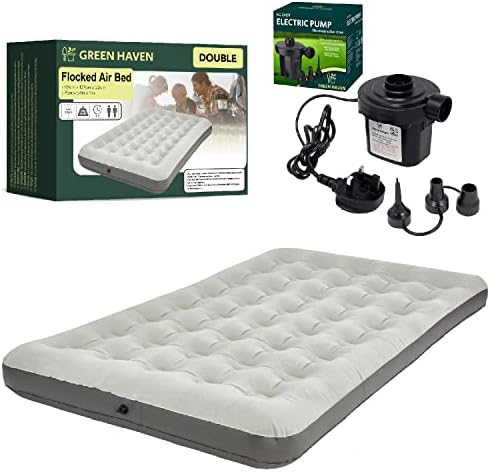 Green Haven Grey Double Blow up Camping bed + AC Electric Air pump | Waterproof Double Airbed Inflatable Mattress | Camping Electric Pump for Inflatables with 3 Nozzles | Quick Inflatable Mattress