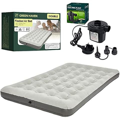 Green Haven Grey Double Blow up Camping bed + AC Electric Air pump | Waterproof Double Airbed Inflatable Mattress | Camping Electric Pump for Inflatables with 3 Nozzles | Quick Inflatable Mattress Cover