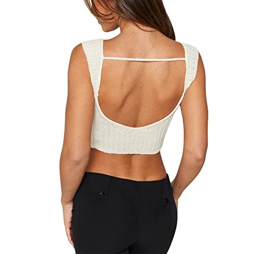 Women Summer Ribbed Crop Tank Tops Sleeveless Turtleneck Sweater Vest Teen Girls Slim Fit Crochet Knitted Camisole Streetwear (A Creamy , M ) #TOP3