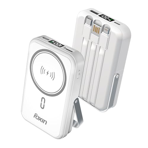 Image of Foxin All-in-One Mag Pro 10000mAh Magnetic Wireless Power Bank | 22.5W Fast Charging, MagSafe & Wireless Charging for Android & iPhone 12 & Above | Built-in Cables | Stand | BIS Certified | White